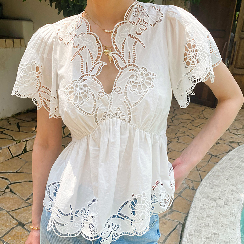 Embroidery Eyelet - French Style Floral Eyelet Embroidery Blouse