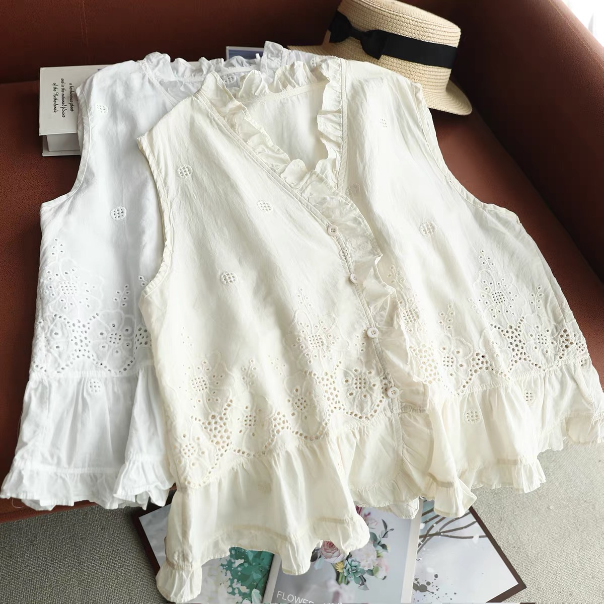 Embroidery Eyelet - Women Sleeveless Vest Top Ruffle V