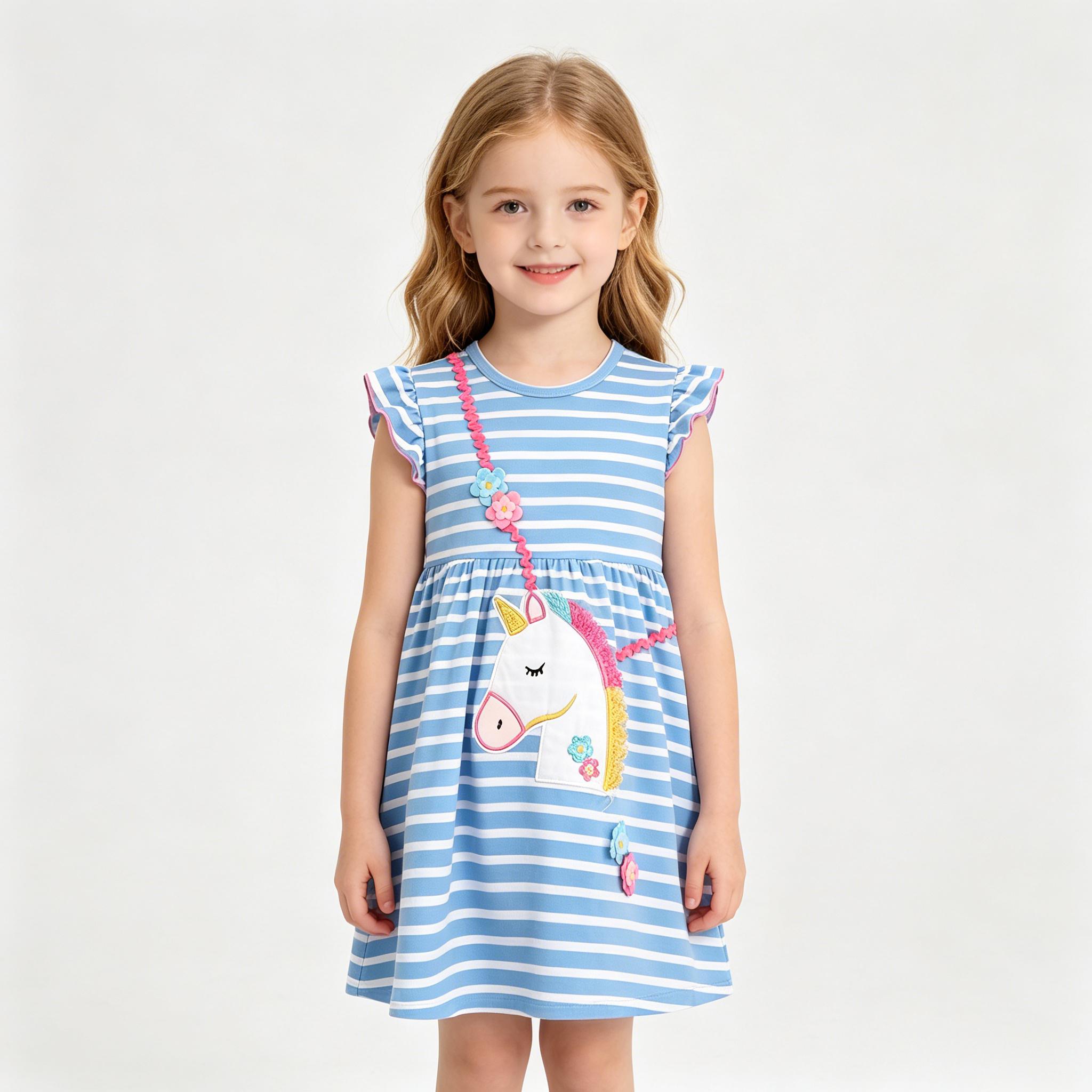 Embroidery Unicorn - Girls Casual Ruffle Dress Cute Unicorn