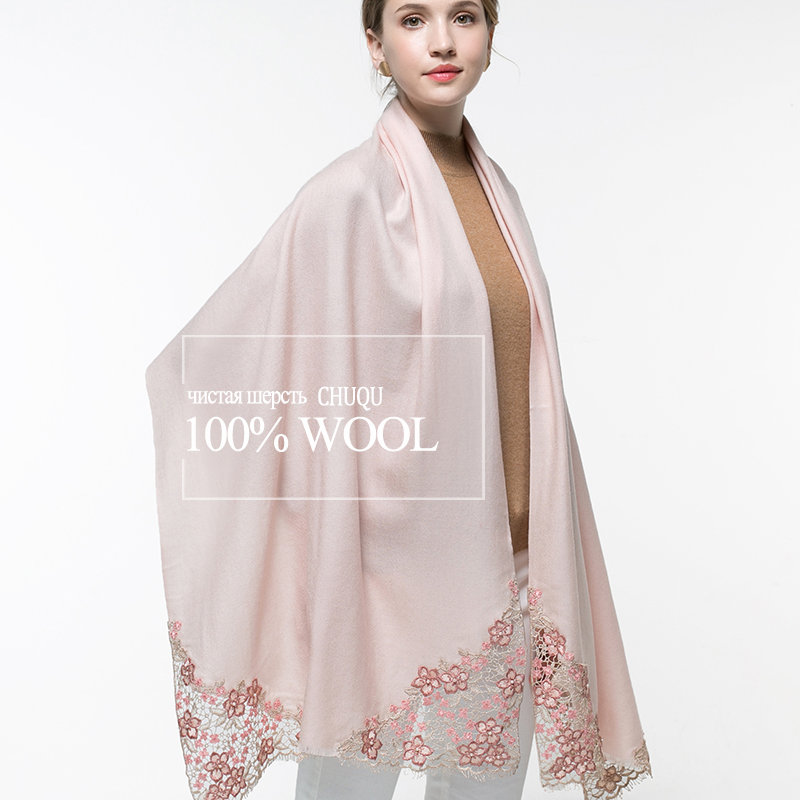 100% Real Wool Pink Scarf Wome - Embroidery Pashmina ulasan dan harga