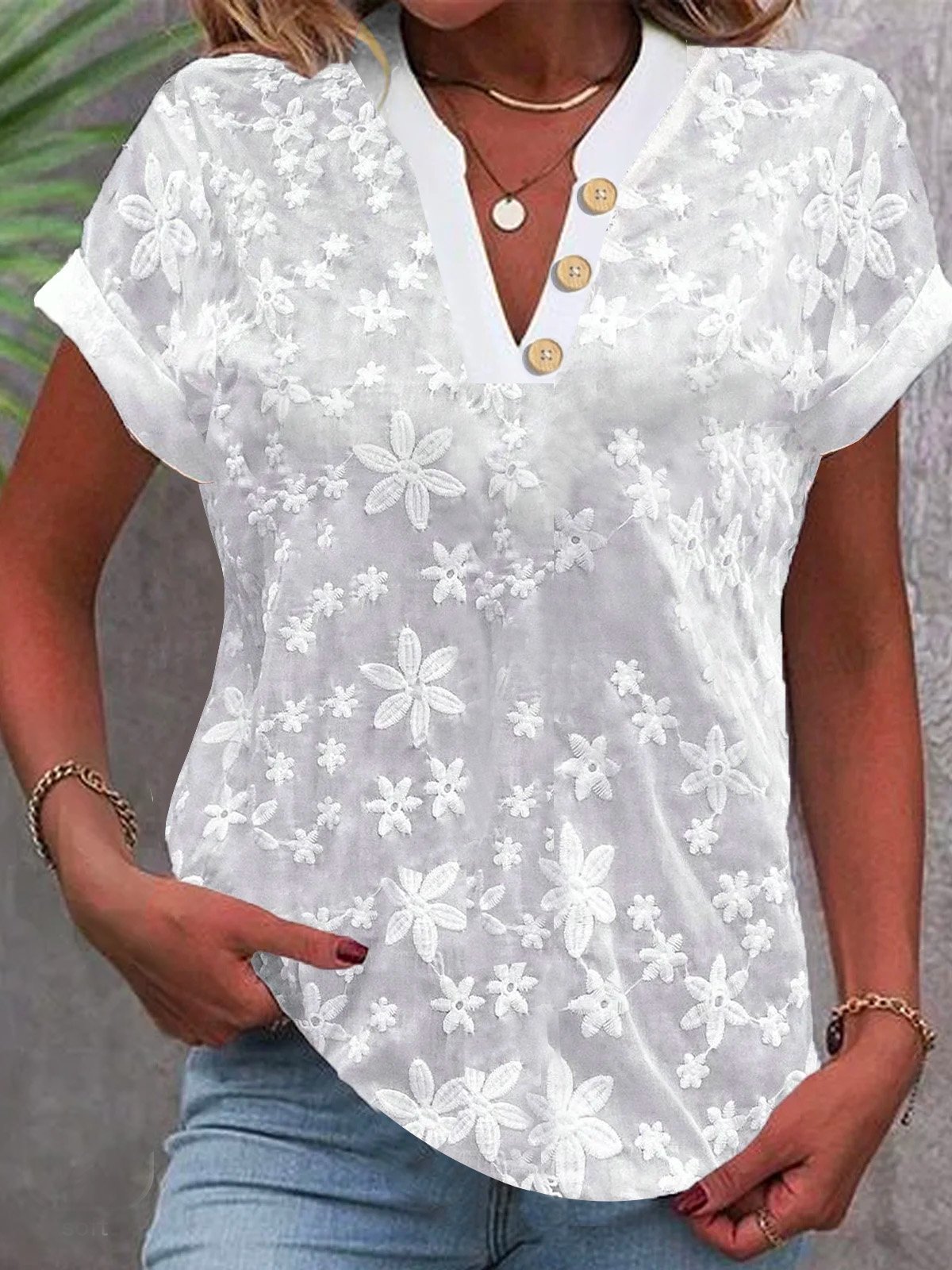 Cropped Shirt White Lace Blous - Embroidery Eyelet ulasan dan harga
